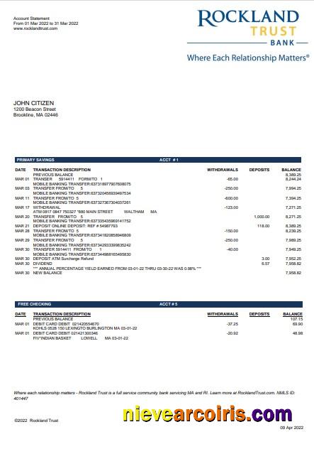 USA Massachusetts Rockland Trust bank statement Word and PDF